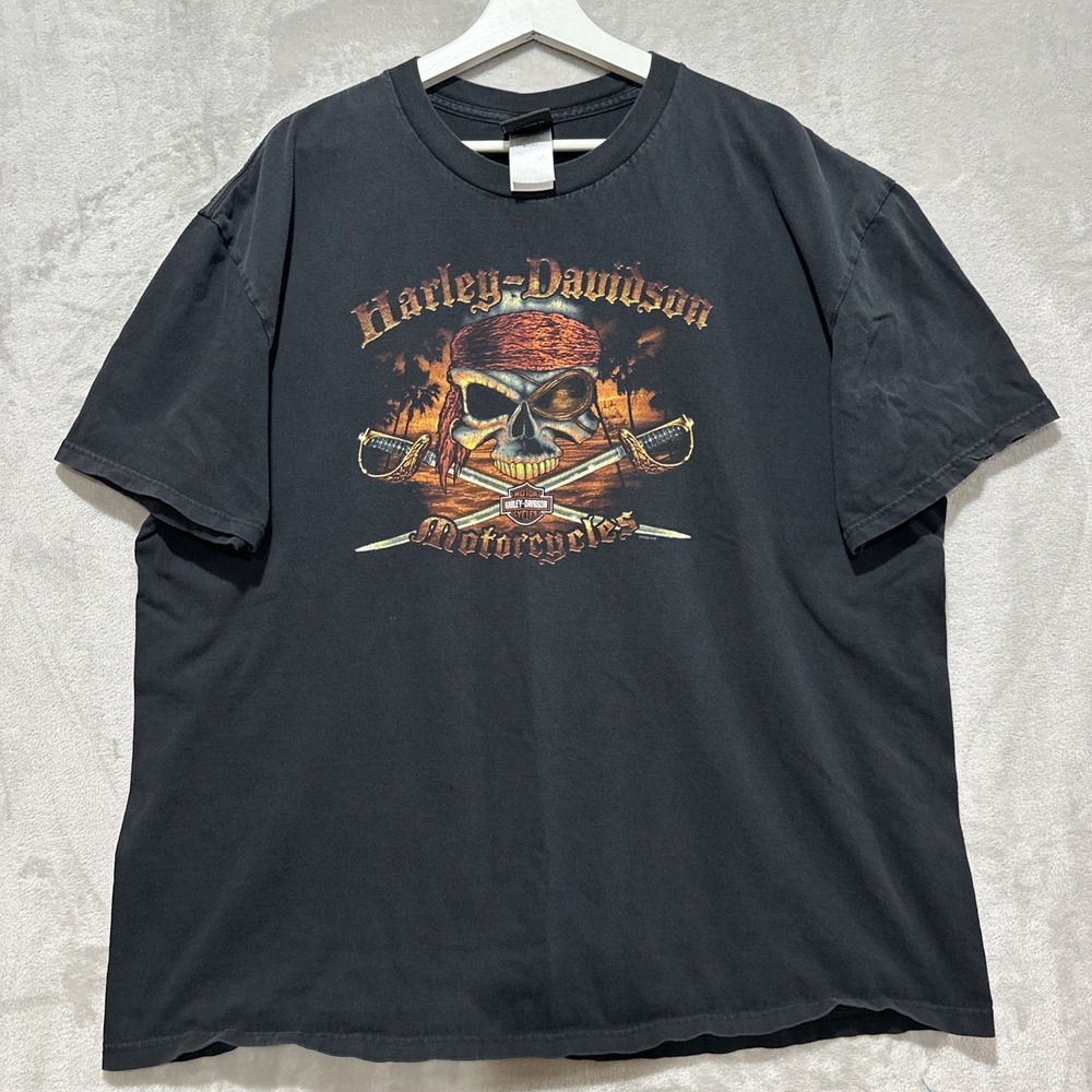 Harley Davidson Pirate Skull Graphic T-Shirt 2XL Black Short Sleeve Crew Neck